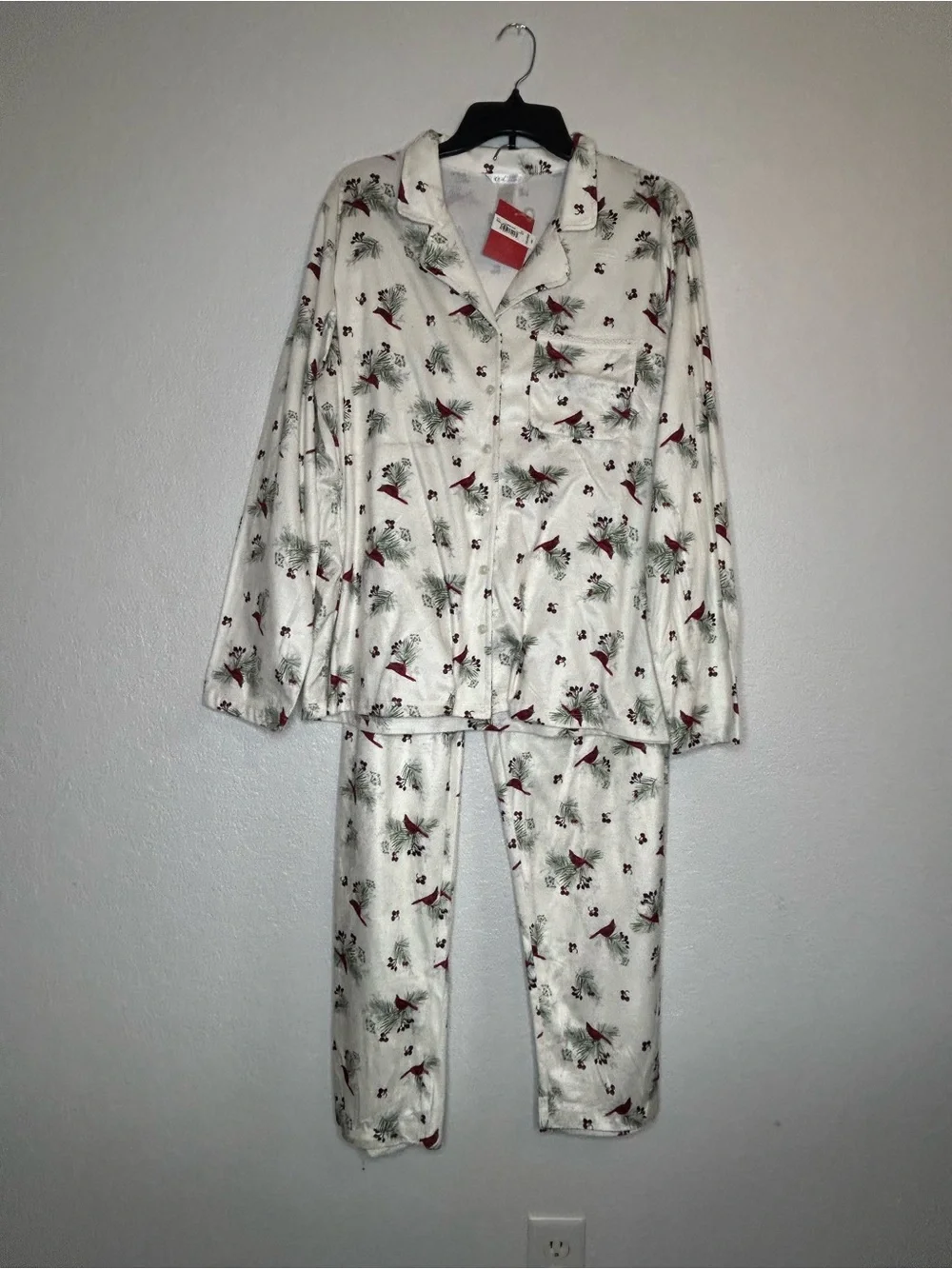 Adonna Women Cream Cotton Flannel Pajama Set Red Bird Print Long Sleeve Sz XXL